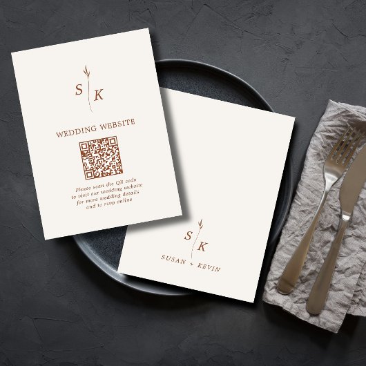 Minimal Chic Leaf Monogram Wedding Website QR Code Begleitkarte