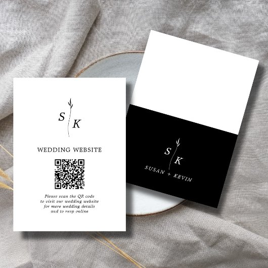Minimal Chic Leaf Monogram Wedding Website QR Code Begleitkarte