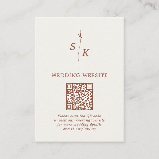 Minimal Chic Leaf Monogram Wedding Website QR Code Begleitkarte (Vorderseite)
