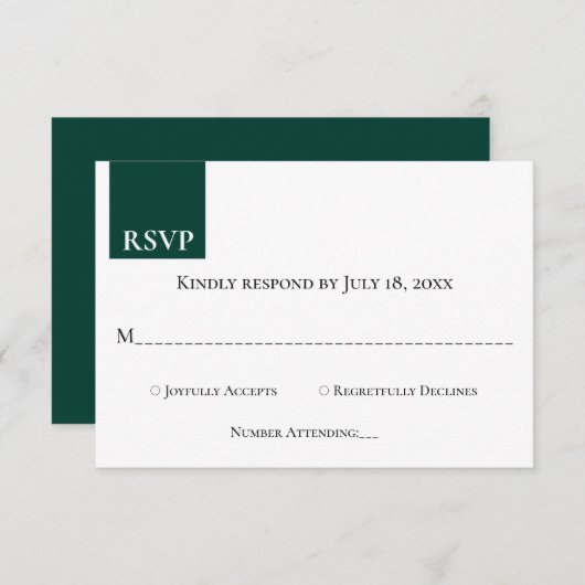 Minimal Chic Monogram Emerald Green Modern Wedding RSVP Karte (Vorne/Hinten)