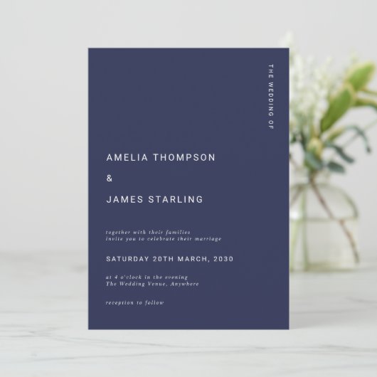Minimal & Chic Navy Blue Modern Simple Wedding Einladung (Stehend Vorderseite)