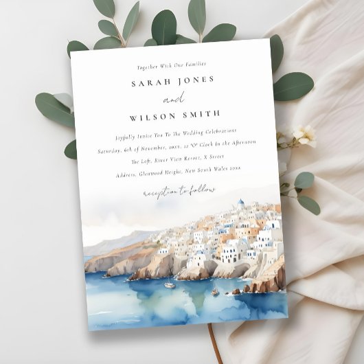 Minimal Chic Santorini Griechenland Wasserfarbenho Einladung
