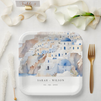 Minimal Chic Santorini Griechenland Wasserfarbenho Pappteller