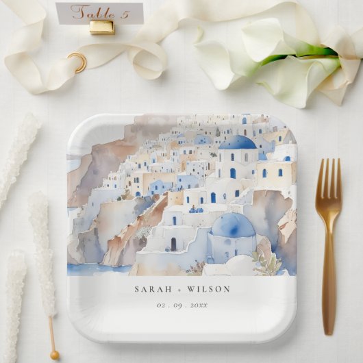 Minimal Chic Santorini Griechenland Wasserfarbenho Pappteller (Hochzeit)