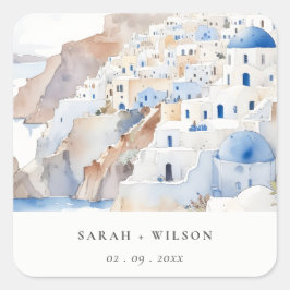 Minimal Chic Santorini Griechenland Wasserfarbenho Quadratischer Aufkleber