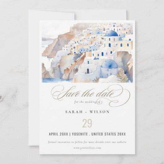 Minimal Chic Santorini Griechenland Wasserfarbenho Save The Date (Vorderseite)