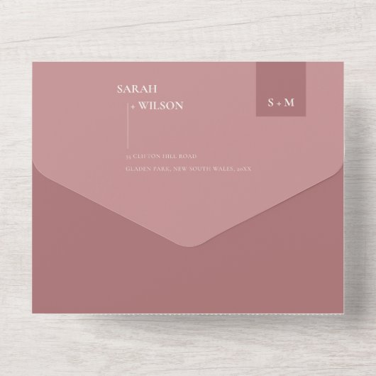 MINIMAL CHIC SCANDI DUSKY ROSE PINK BLUSH WEDD ALL IN ONE EINLADUNG (Rückseite)