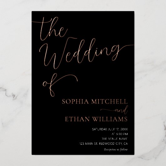 Minimal Chic Script Black Wedding Folieneinladung (Vorderseite)