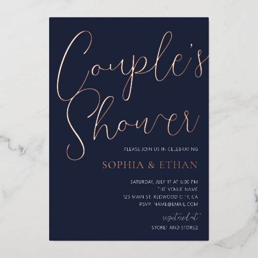 Minimal Chic Script Navy Blue Couples Dusche Folieneinladung (Vorderseite)