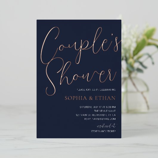 Minimal Chic Script Navy Blue Couples Dusche Folieneinladung (Stehend vorne)