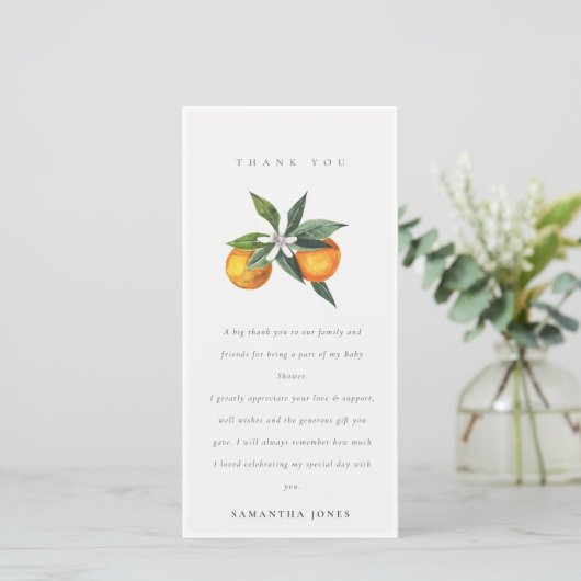 Minimal Citrus Orange Botanical Boho Babydusche Dankeskarte (Stehend Vorderseite)