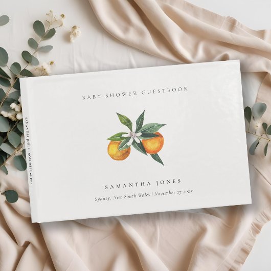 Minimal Citrus Orange Botanical Boho Babydusche Gästebuch