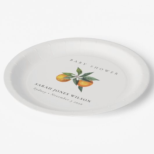 Minimal Citrus Orange Botanical Boho Babydusche Pappteller (Schrägansicht)