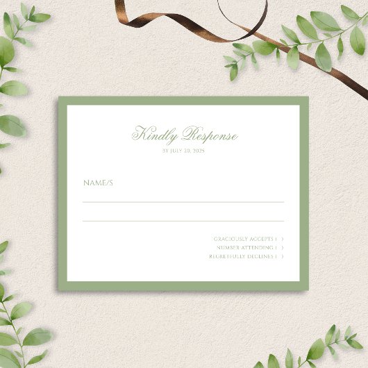 Minimal Classic Sage Green Border Script Wedding RSVP Karte