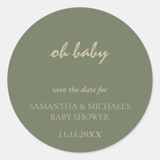 Minimal Clean Sage Gold Script BABY Save Date Runder Aufkleber (Vorderseite)