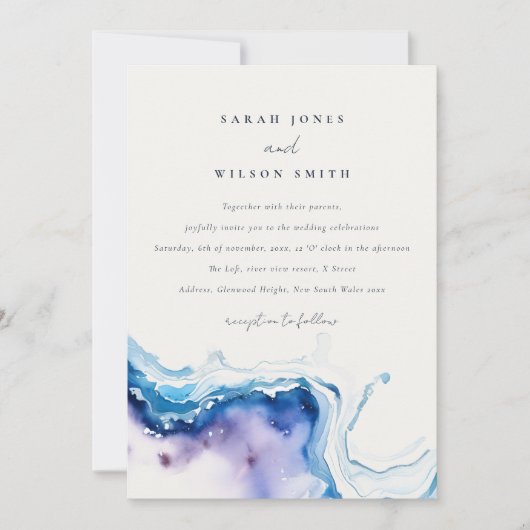 Minimal Coastal Sea Beach Watercolor Wedding Einladung (Vorderseite)
