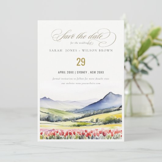 Minimal Country Spring Blumenlandschaft Hochzeiten Save The Date (Stehend Vorderseite)