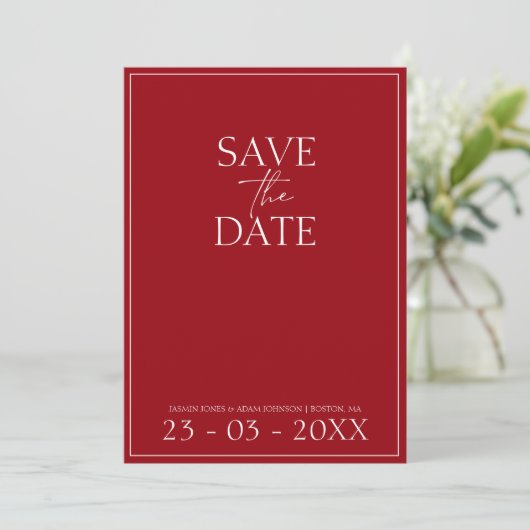 Minimal Crimson Red Script Wedding Save the Date (Stehend Vorderseite)