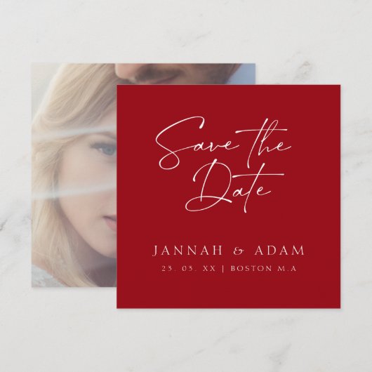 Minimal Crimson Red Typografy Foto Wedding Save The Date (Vorne/Hinten)