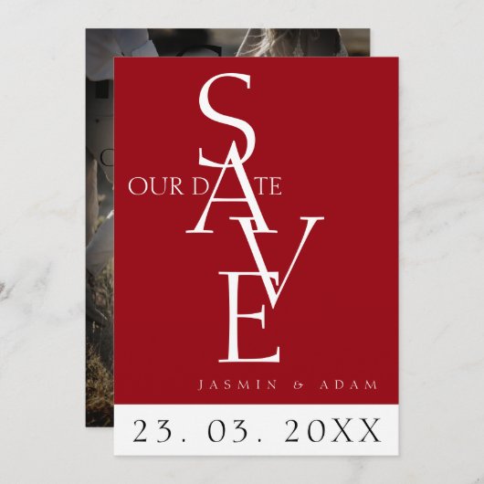 Minimal Crimson Red White Simple Foto Wedding Save The Date (Vorne/Hinten)