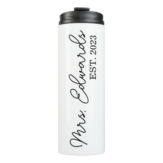 Minimal Cursive Frau Custom Nachname Hochzeitsgesc Thermosbecher (Vorderseite)