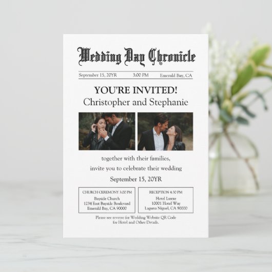 Minimal Custom 2 Foto QR Code Zeitung Hochzeit Einladung (Stehend Vorderseite)