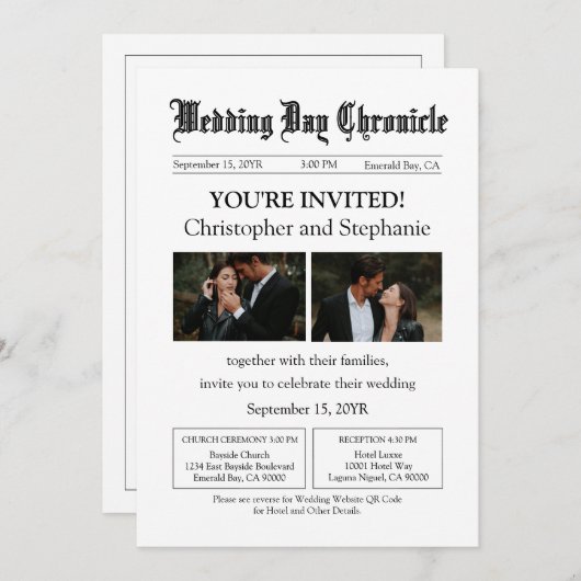 Minimal Custom 2 Foto QR Code Zeitung Hochzeit Einladung (Vorne/Hinten)