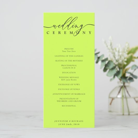 Minimal Cyber Lime Jet Black Wedding Ceremony Programm (Stehend Vorderseite)