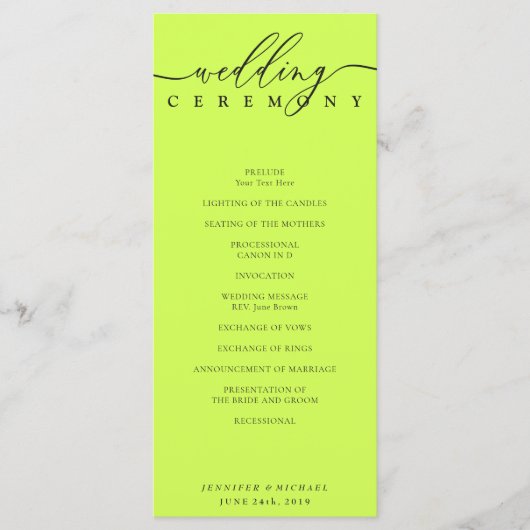 Minimal Cyber Lime Jet Black Wedding Ceremony Programm (Vorderseite)