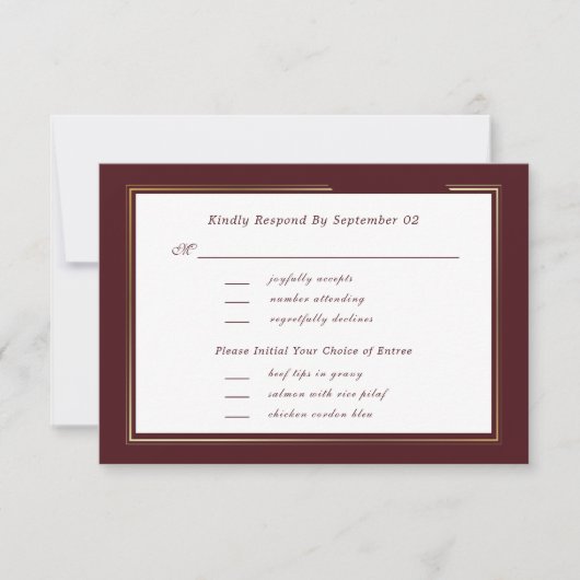 Minimal Dark Burgundy Gold Menu Selection RSVP  (Vorderseite)