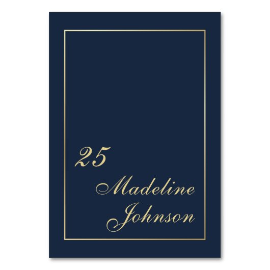 Minimal Dark Navy Blue Gold Border Elegantes Skrip Tischnummer (Vorderseite)