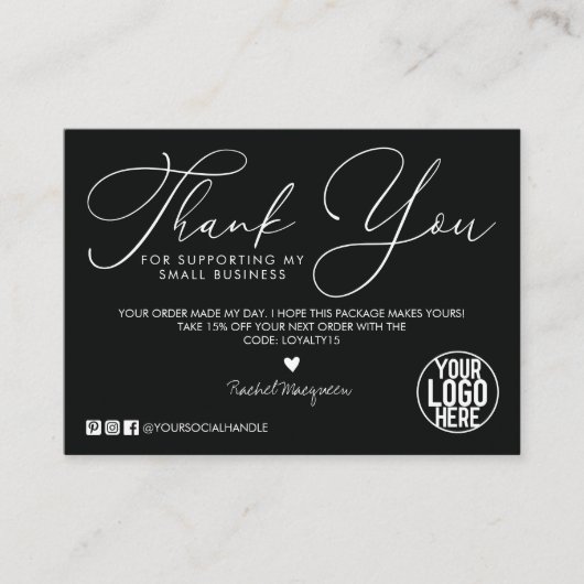 Minimal Dark Schwarz-weiß Script Kunde Vielen Dank Visitenkarte (Vorderseite)