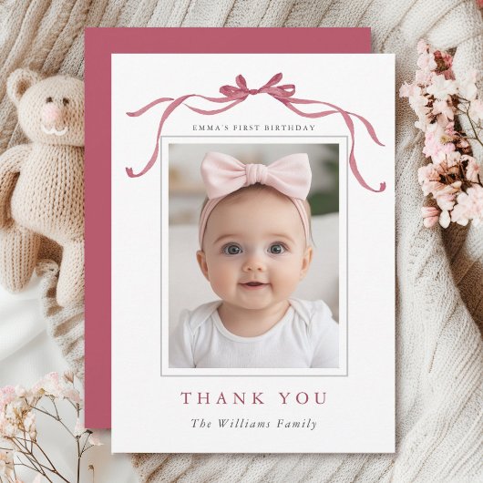 Minimal Deep Blush Pink Bow Birthday Photo  Dankeskarte