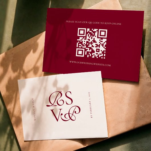 Minimal Deep Burgundy Script Qr Code Wedding RSVP Karte