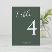 Minimal Deep Green Script Wedding Tischnummer (Stehend Vorderseite)