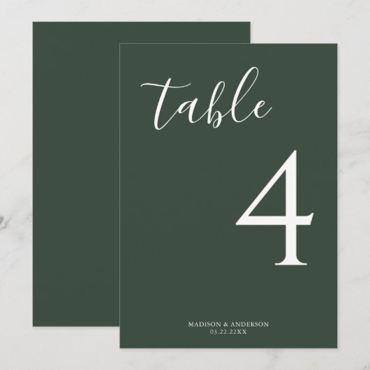 Minimal Deep Green Script Wedding Tischnummer (Vorne/Hinten)
