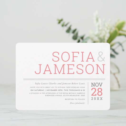 MINIMAL DESIGN einfaches, modernes Graukorallenros Einladung (Stehend Vorderseite)