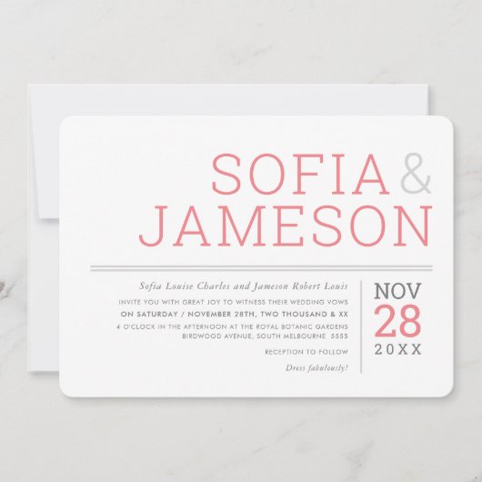 MINIMAL DESIGN einfaches, modernes Graukorallenros Einladung (Vorderseite)