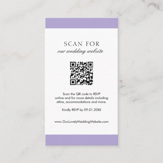 Minimal Digital Lavender Modern QR Code Hochzeit Begleitkarte (Vorderseite)