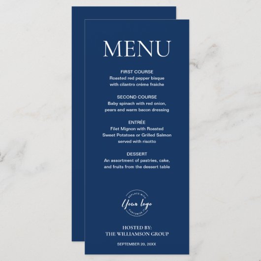 Minimal dunkelblaues, elegantes Business-Event-Log Menükarte (Vorne/Hinten)