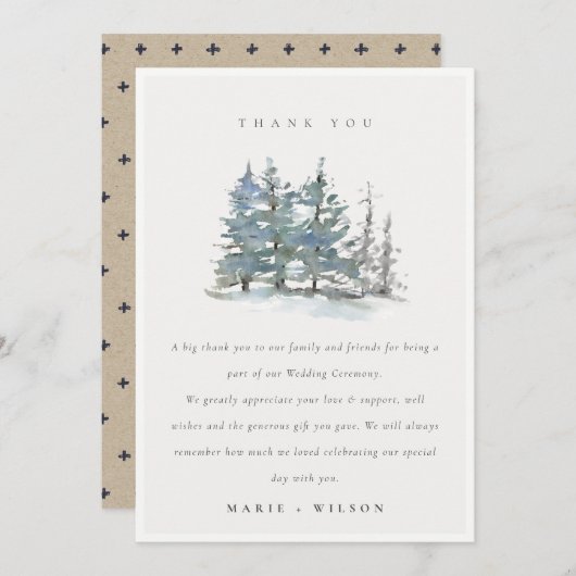 Minimal Dusky Green Blue Pine Tree Woods Wedding Dankeskarte (Vorne/Hinten)