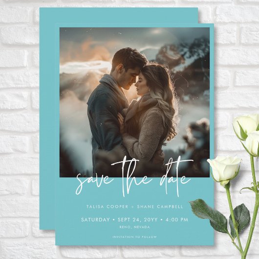 Minimal Dusty Aqua Aquamarin Modernes Foto Hochzei Save The Date