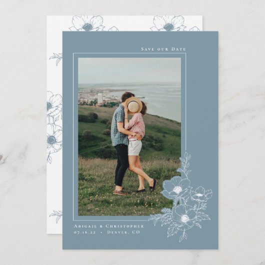 Minimal Dusty Blue Anemone Kunst, Dichtung und Mus Save The Date (Vorne/Hinten)