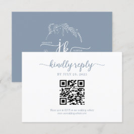 Minimal Dusty Blue Floral Monogram QR Code Wedding RSVP Karte