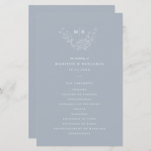 Minimal Dusty Blue Formal Monogram Wedding Program (Vorne/Hinten)
