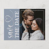 Minimal Dusty Blue Foto & Herz Save the Date An Ankündigungspostkarte (Vorderseite)