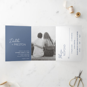 Minimal Dusty Blue Foto Moderne Hochzeit Dreifach Gefaltete Einladung