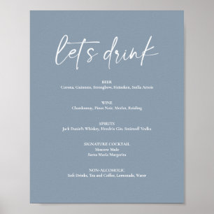 Minimal Dusty Blue Modern Wedding Drink Bar Menu Poster