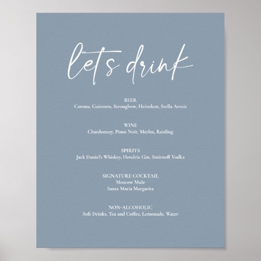 Minimal Dusty Blue Modern Wedding Drink Bar Menu Poster (Vorne)