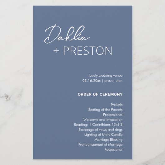 Minimal Dusty Blue Modern Wedding Program (Vorderseite)